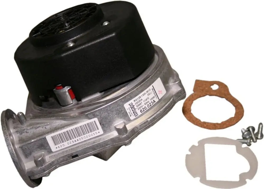 Bosch Gebläse mit schwarzem oberem Teil und silberner Grundplatte, inklusive Dichtung und Schrauben, zum Einsatz in Heizsystemen.